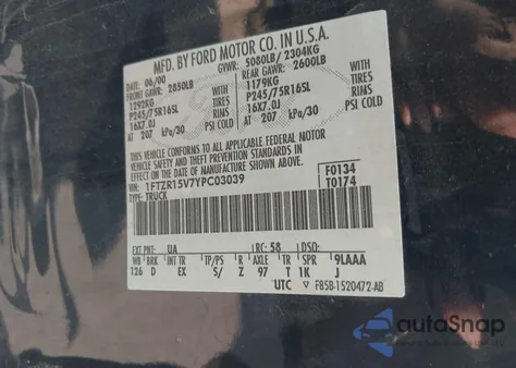 2000 Ford Ranger Xl/Xlt из США, поврежденный, VIN 1FTZR15V7YPC03039